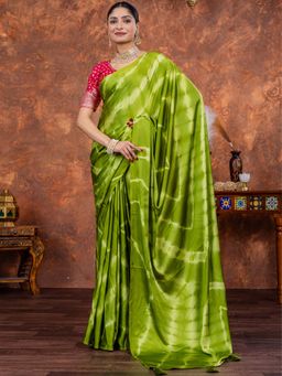 Akhilam - Women Satin Silk Green Printed Designer Saree with Unstitched Blouse