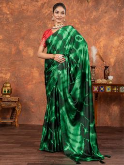 Akhilam - Women Satin Silk Green Printed Designer Saree with Unstitched Blouse