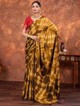 Akhilam - Women Satin Silk Yellow Printed Designer Saree with Unstitched Blouse