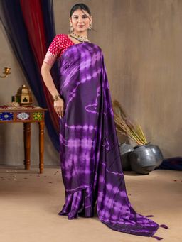 Akhilam - Women Satin Silk Purple Printed Designer Saree with Unstitched Blouse