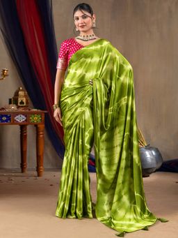 Akhilam - Women Satin Silk Light Green Printed Designer Saree with Unstitched Blouse