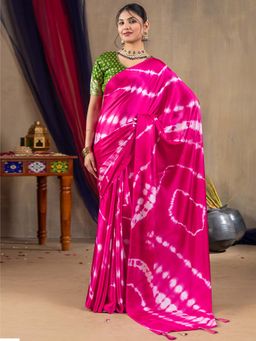 Akhilam - Women Satin Silk Pink Printed Designer Saree with Unstitched Blouse