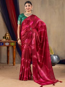 Akhilam - Women Satin Silk Magenta Printed Designer Saree with Unstitched Blouse