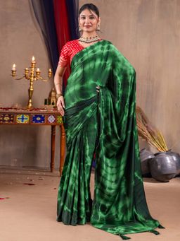Akhilam - Women Satin Silk Green Printed Designer Saree with Unstitched Blouse