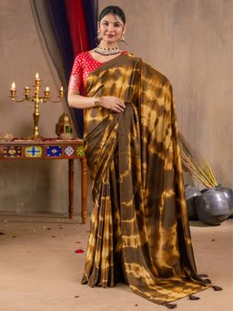 Akhilam - Women Satin Silk Yellow Printed Designer Saree with Unstitched Blouse