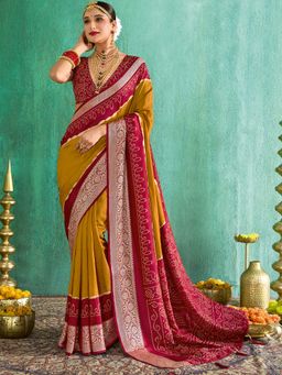 Akhilam - Women Tussar Silk Mustard Printed Designer Saree with Unstitched Blouse
