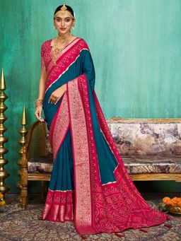 Akhilam - Women Tussar Silk Teal Blue Printed Designer Saree with Unstitched Blouse