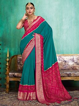 Akhilam - Women Tussar Silk Teal Green Printed Designer Saree with Unstitched Blouse