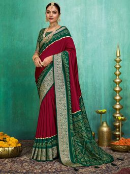 Akhilam - Women Tussar Silk Maroon Printed Designer Saree with Unstitched Blouse