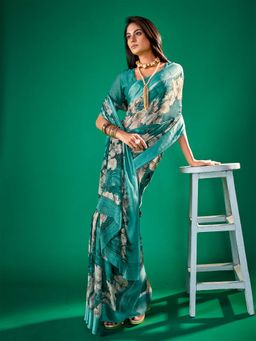 Akhilam - Women Chiffon Turquoise Printed Designer Saree with Unstitched Blouse