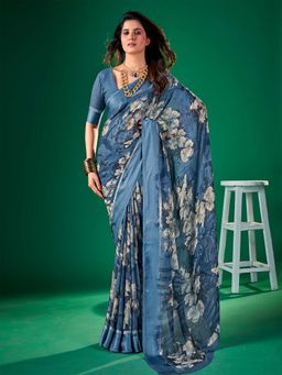 Akhilam - Women Chiffon Light Blue Printed Designer Saree with Unstitched Blouse