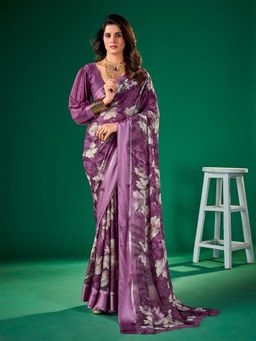 Akhilam - Women Chiffon Purple Printed Designer Saree with Unstitched Blouse