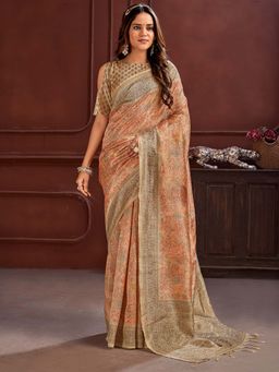 Akhilam - Women Cotton Silk Peach Printed Designer Saree with Unstitched Blouse
