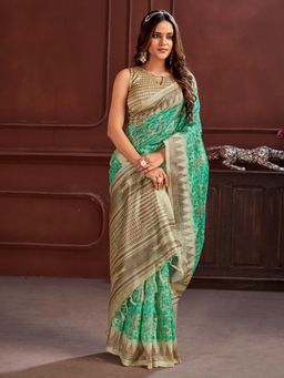 Akhilam - Women Cotton Silk Turquoise Printed Designer Saree with Unstitched Blouse