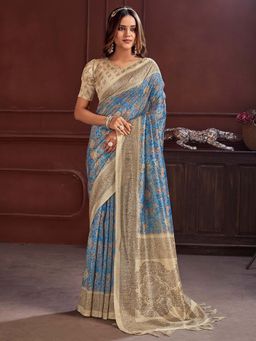 Akhilam - Women Cotton Silk Blue Printed Designer Saree with Unstitched Blouse