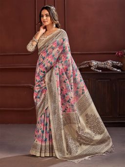 Akhilam - Women Cotton Silk Beige Printed Designer Saree with Unstitched Blouse