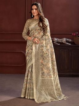 Akhilam - Women Cotton Silk Cream Printed Designer Saree with Unstitched Blouse