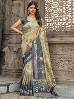 Akhilam - Women Cotton Silk Grey Printed Designer Saree with Unstitched Blouse