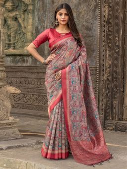 Akhilam - Women Cotton Silk Beige Printed Designer Saree with Unstitched Blouse