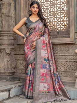 Akhilam - Women Cotton Silk Beige Printed Designer Saree with Unstitched Blouse