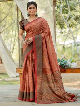 Akhilam - Women Silk Blend Brown Printed Designer Saree with Unstitched Blouse