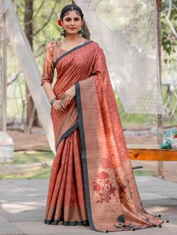 Akhilam - Women Silk Blend Rust Printed Designer Saree with Unstitched Blouse