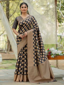 Akhilam - Women Silk Blend Black Printed Designer Saree with Unstitched Blouse