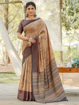 Akhilam - Women Silk Blend Beige Printed Designer Saree with Unstitched Blouse