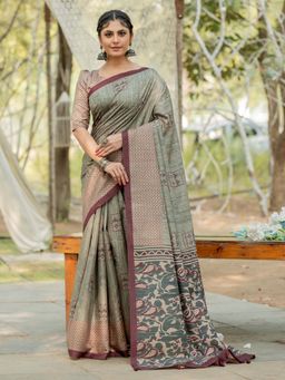 Akhilam - Women Silk Blend Green Printed Designer Saree with Unstitched Blouse