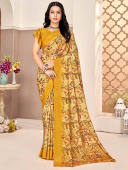 Akhilam - Women Crepe Beige Printed Designer Saree with Unstitched Blouse