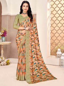 Akhilam - Women Crepe Peach Printed Designer Saree with Unstitched Blouse