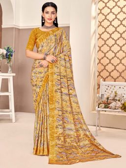 Akhilam - Women Crepe Beige Printed Designer Saree with Unstitched Blouse