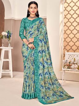 Akhilam - Women Crepe Sea Green Printed Designer Saree with Unstitched Blouse