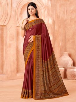 Akhilam - Women Crepe Maroon Printed Designer Saree with Unstitched Blouse