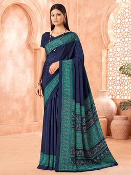 Akhilam - Women Crepe Navy Blue Printed Designer Saree with Unstitched Blouse