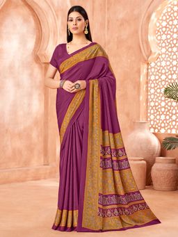 Akhilam - Women Crepe Purple Printed Designer Saree with Unstitched Blouse