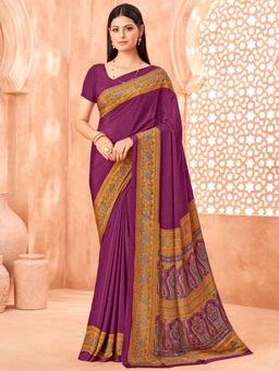 Akhilam - Women Crepe Purple Printed Designer Saree with Unstitched Blouse