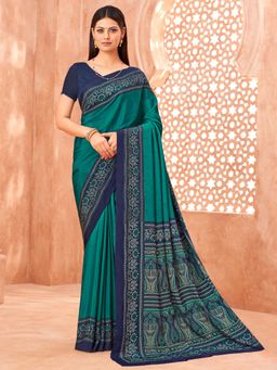 Akhilam - Women Crepe Teal Printed Designer Saree with Unstitched Blouse