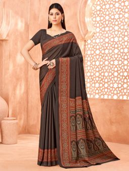Akhilam - Women Crepe Coffee Brown Printed Designer Saree with Unstitched Blouse