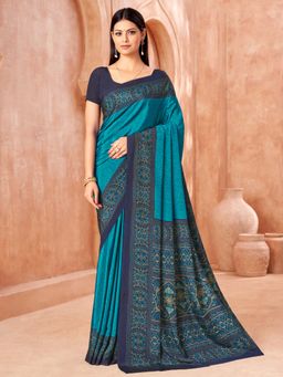 Akhilam - Women Crepe Navy Blue Printed Designer Saree with Unstitched Blouse