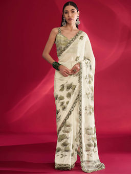 Akhilam - Women Georgette Off White Zari Embroidered Saree with Unstitched Blouse
