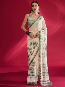 Akhilam - Women Georgette Off White Zari Embroidered Saree with Unstitched Blouse