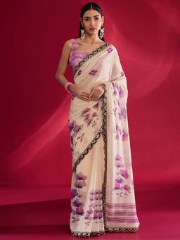 Akhilam - Women Georgette Off White Zari Embroidered Saree with Unstitched Blouse