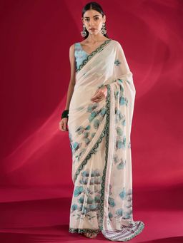 Akhilam - Women Georgette Off White Zari Embroidered Saree with Unstitched Blouse