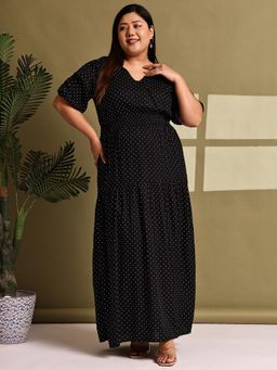 theRebelinme - Plus Size Women Black Polka Dot Printed A-Line Maxi Dress