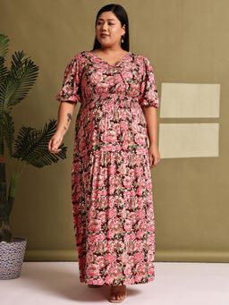theRebelinme - Plus Size Women Maroon Rose Floral Printed A-Line Maxi Dress