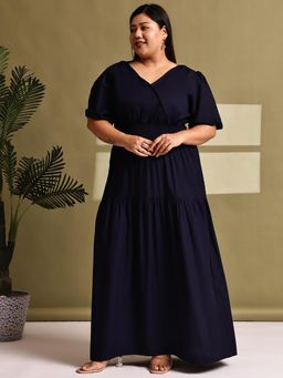 theRebelinme - Plus Size Women Navy Blue Solid Color A-Line Maxi Dress