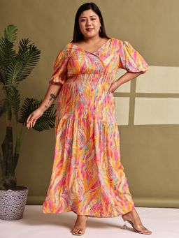 theRebelinme - Plus Size Women Pink Gold Foil Printed A-Line Maxi Dress