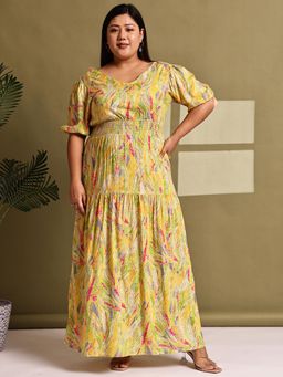 theRebelinme - Plus Size Women Yellow Gold Foil Printed A-Line Maxi Dress