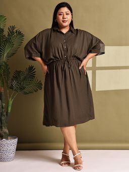 theRebelinme - Plus Size Women Olive Color Linen Dress